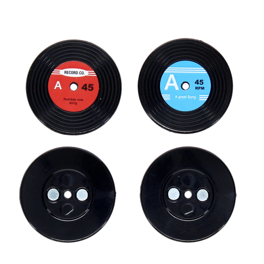 Front and back view of vinyl record magnets showing detailed retro labels and magnet fittings on the reverse side.