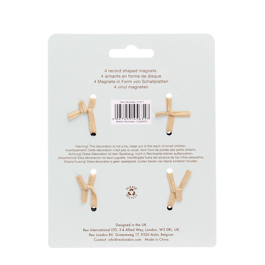 Reverse side of packaging for vinyl record magnets, showing magnet placement and multilingual product description.