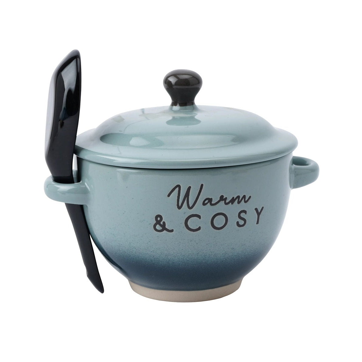 Front view of the blue ombre Snuggle Season ‘Warm & Cosy’ soup bowl with lid and matching spoon attached