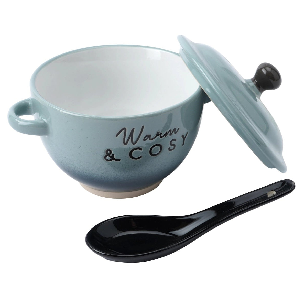 Open ceramic soup bowl in two-tone blue with lid and black spoon, featuring ‘Warm & Cosy’ slogan