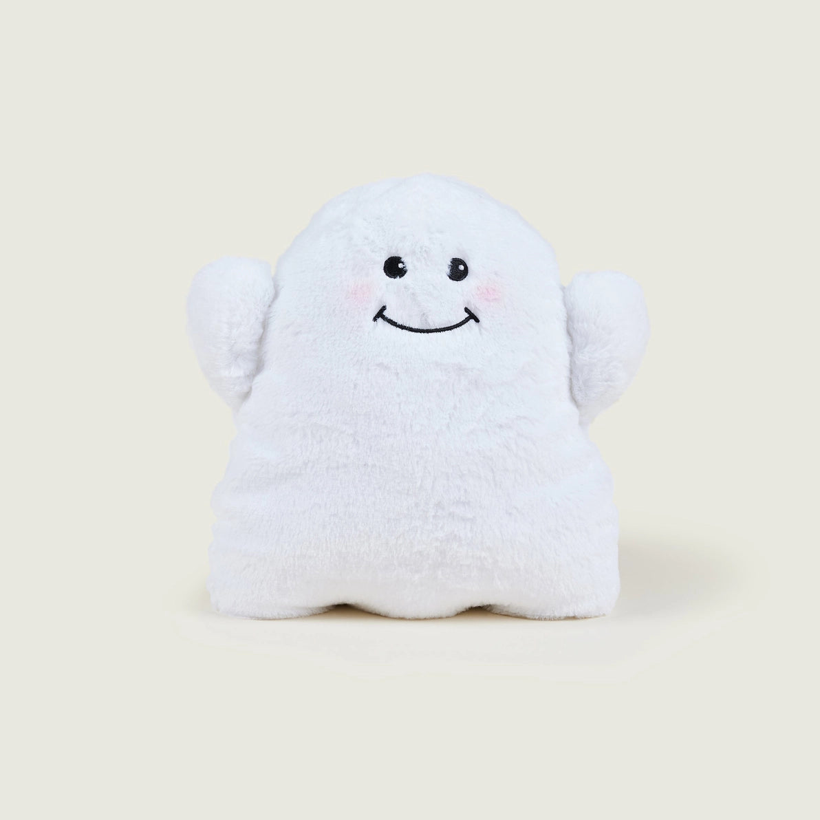 Front view of Warmies Ghost plush toy, white fluffy heatable soft toy with smiling embroidered face.