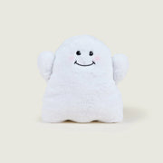 Front view of Warmies Ghost plush toy, white fluffy heatable soft toy with smiling embroidered face.