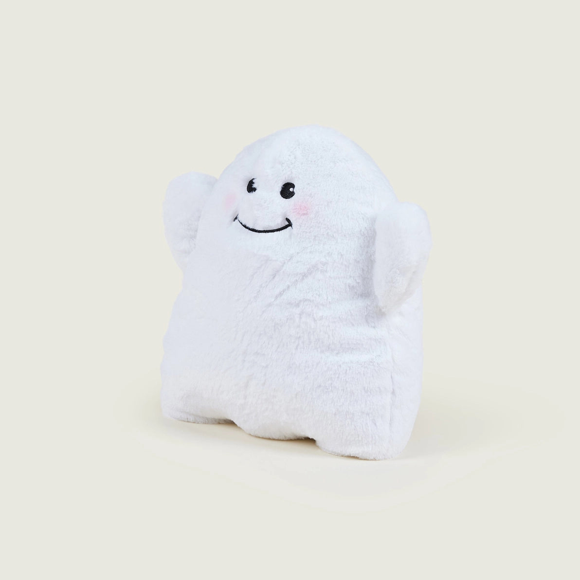 Side view of Warmies Ghost heatable soft toy showing plush texture and raised arms.