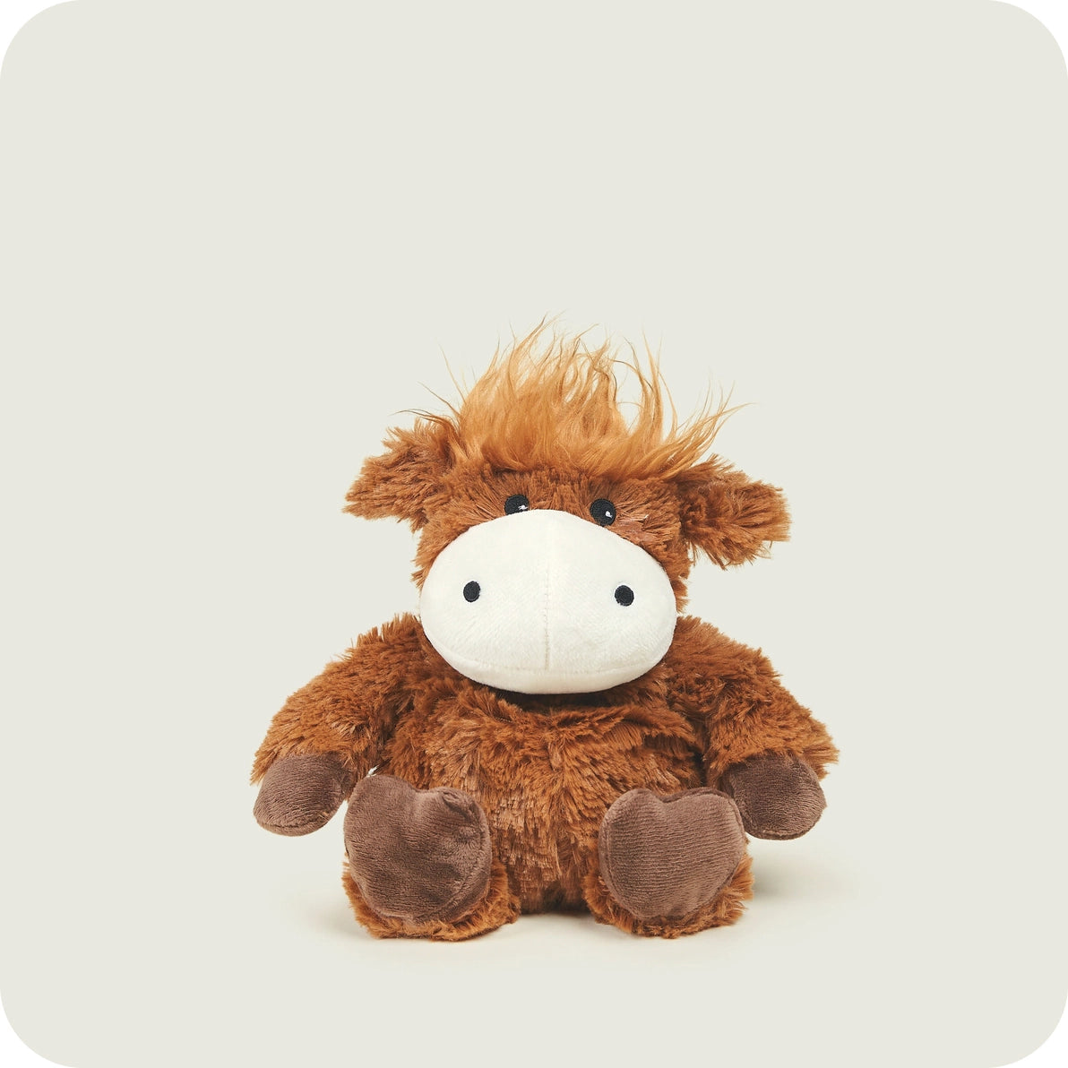Warmies Junior Highland Cow soft toy front view plush with fluffy hair.