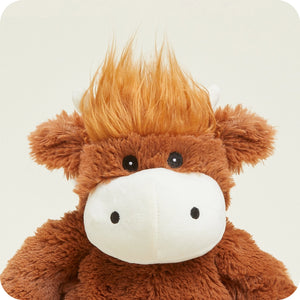 Warmies Junior Highland Cow toy back view with tail and horns.