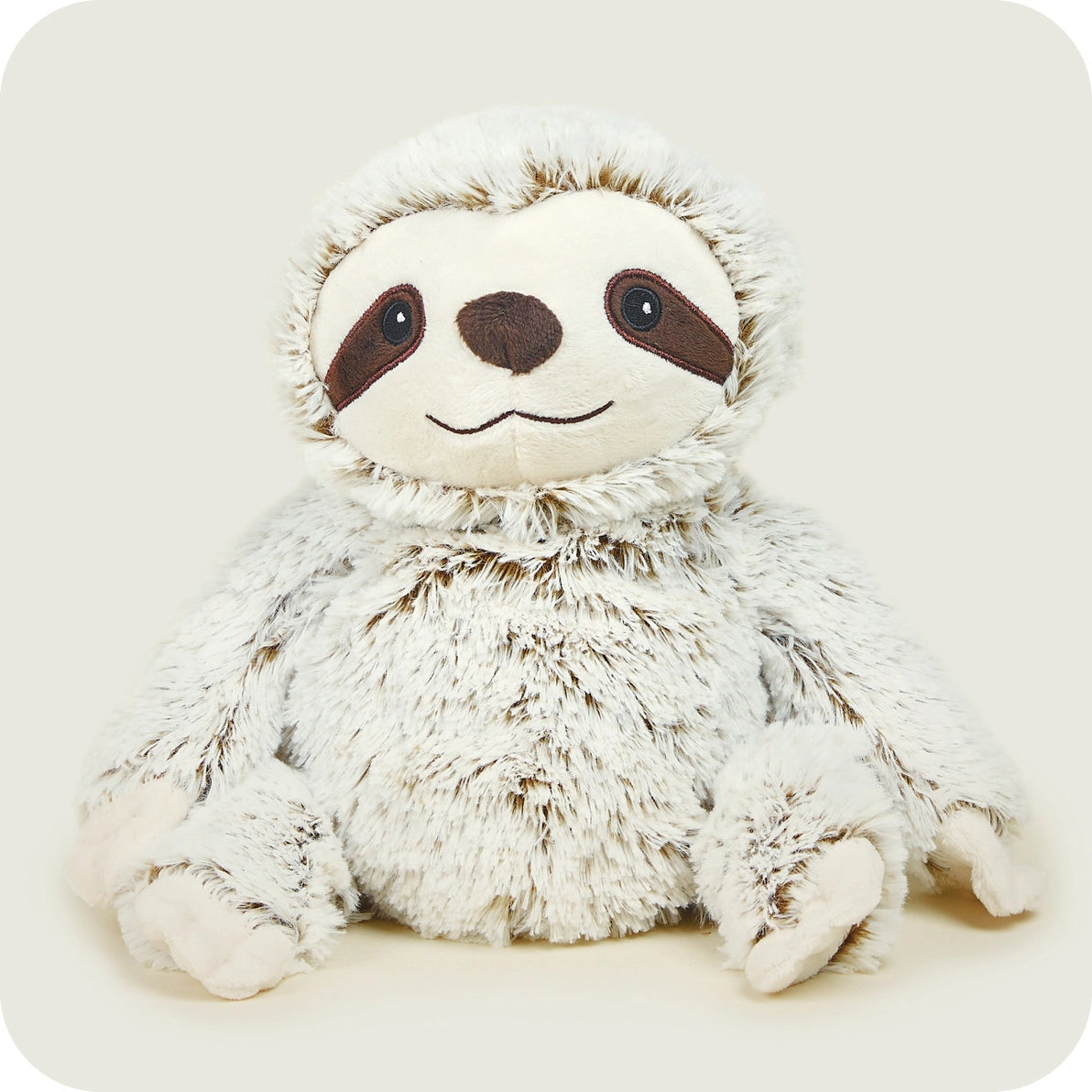 Front view of Warmies Marshmallow Sloth plush toy with soft grey fur and smiling embroidered face.