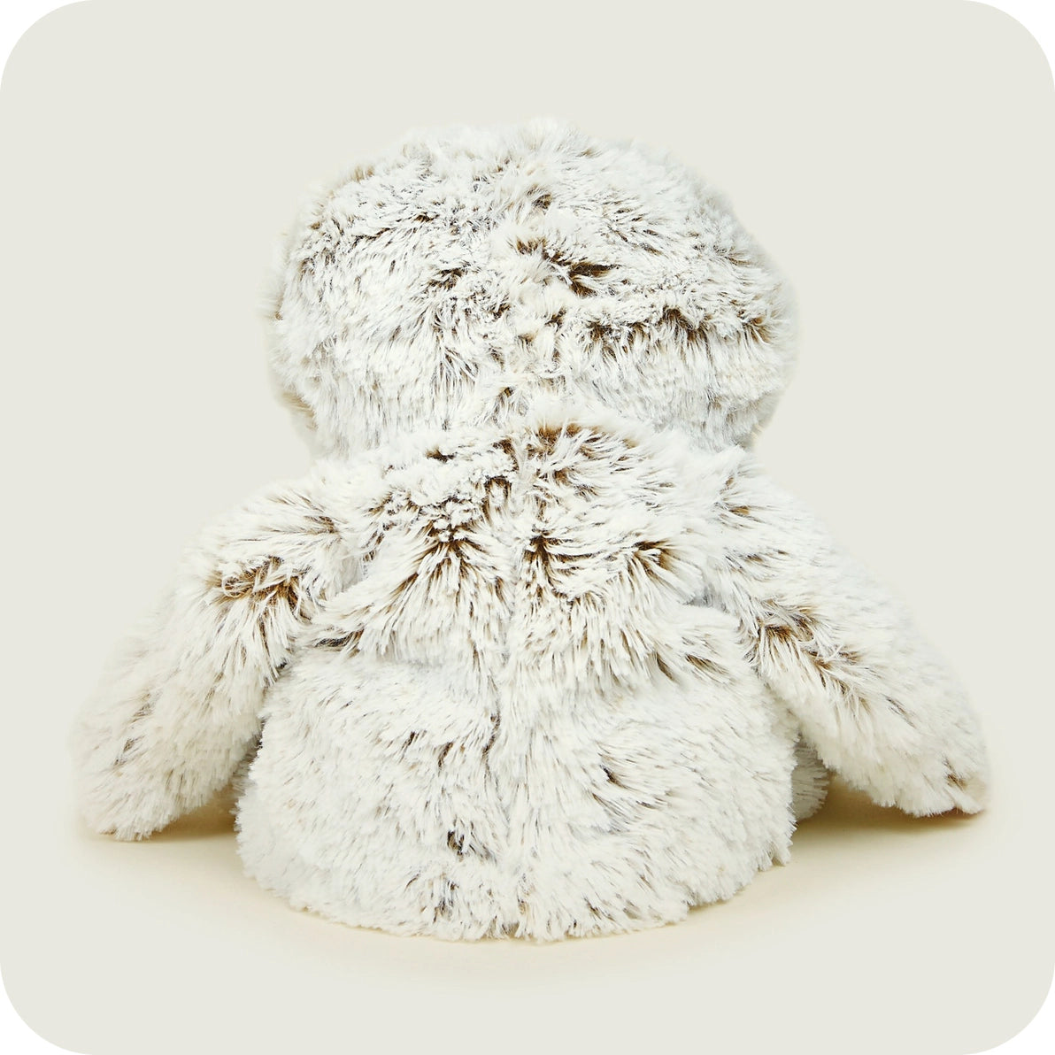 Back view of Warmies Marshmallow Sloth plush toy showing fluffy grey fur texture.