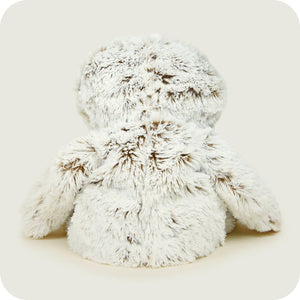 Back view of Warmies Marshmallow Sloth plush toy showing fluffy grey fur texture.