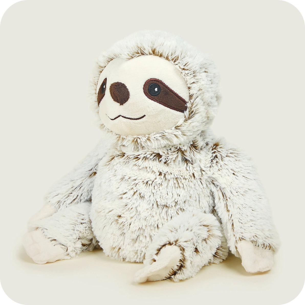 Angled side view of Warmies Marshmallow Sloth heatable cuddly toy showing fluffy fur and stitched details.