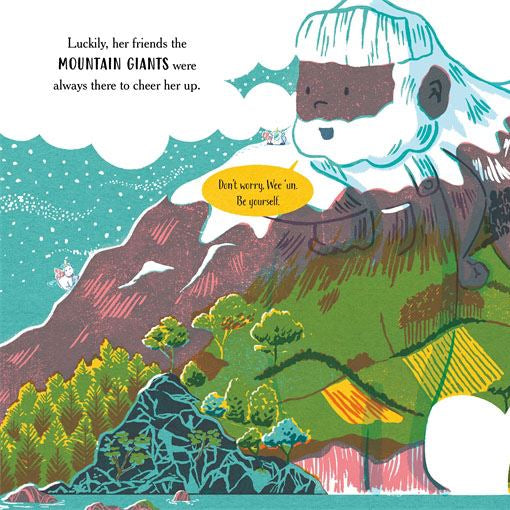 Wee Unicorn and the Mountain Giants illustration – Scene from the book showing friendly giants comforting Wee Unicorn with messages of support.