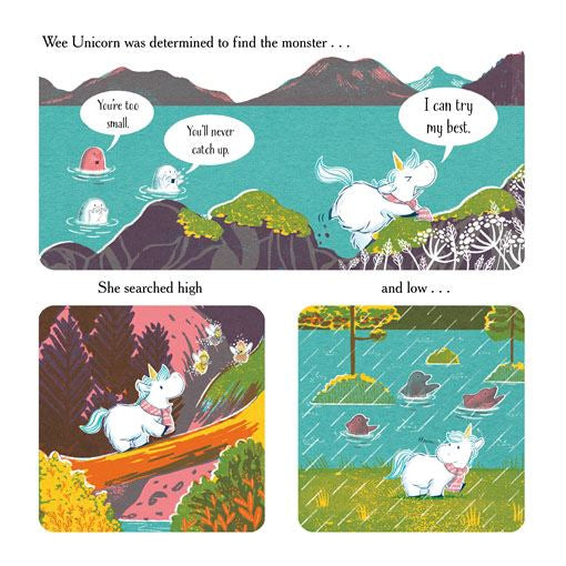 Wee Unicorn searching for the monster spread – Illustrated page of Wee Unicorn adventuring through mountains, rain, and lochs.