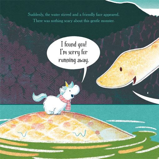 Wee Unicorn meeting the loch monster scene – Bright, heartwarming page with the unicorn apologising to a friendly, smiling sea monster.