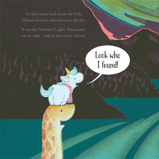 Wee Unicorn and friends under the Northern Lights – Final spread with unicorn and monster under aurora skies, celebrating friendship and being yourself.