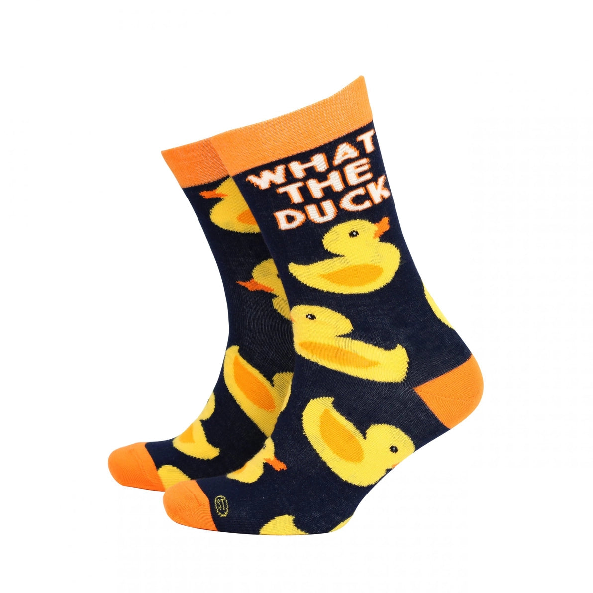 Rubber Ducks Men’s Bamboo Socks with yellow duck print and “What the Duck” slogan on navy background with orange trim.