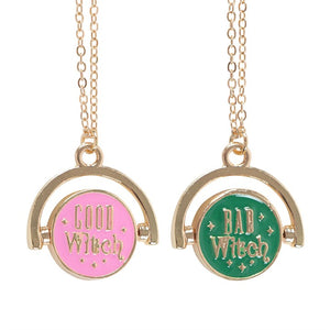 Close-up of gold chain Which Witch Are You? spinning pendant.