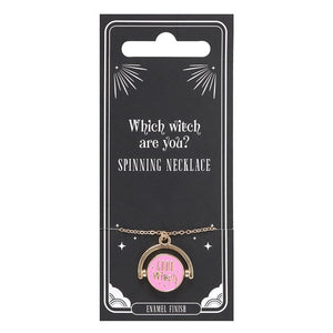 Which Witch Are You necklace showing green Bad Witch enamel design.