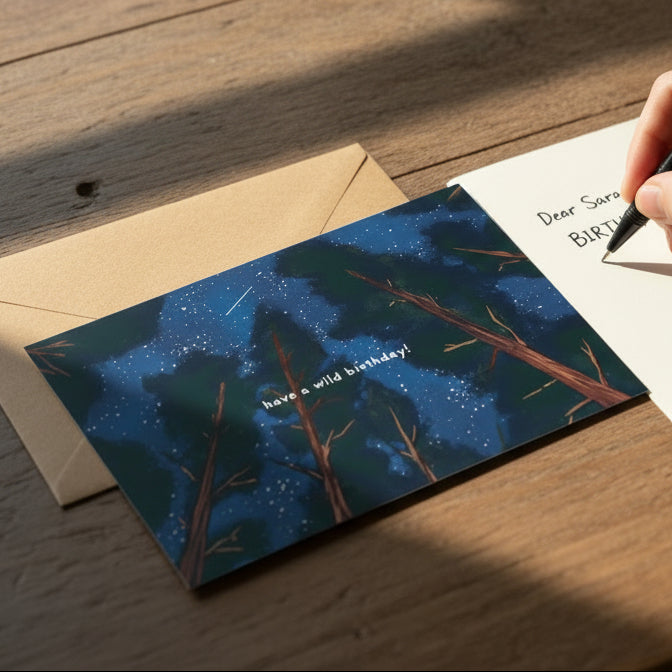 Wild Birthday Forest card showing aurora borealis over dark forest silhouette
