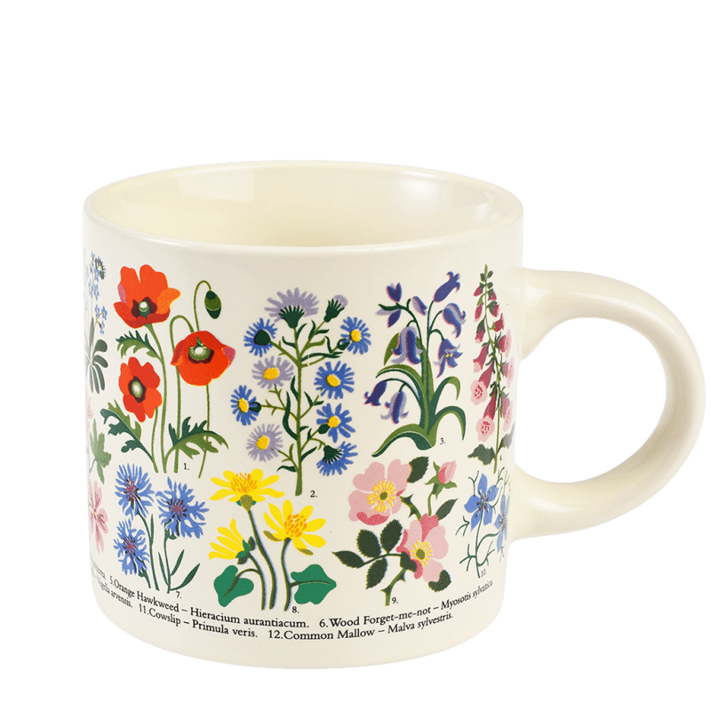 Side view of ceramic mug featuring colourful botanical illustrations of wildflowers with Latin names.