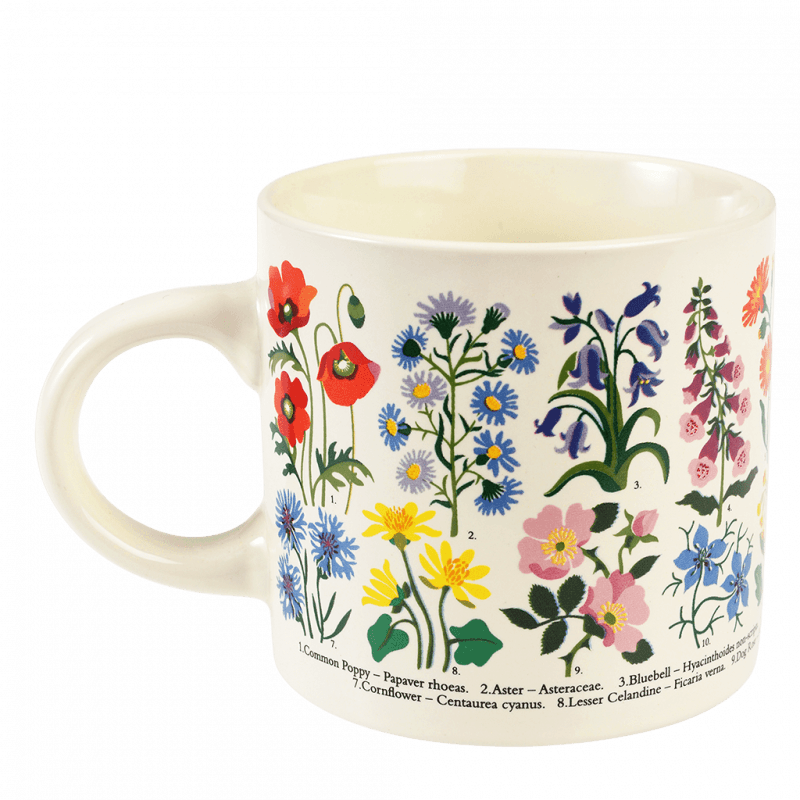 Angled shot of wildflower ceramic mug with poppies, asters, and bluebells clearly visible.
