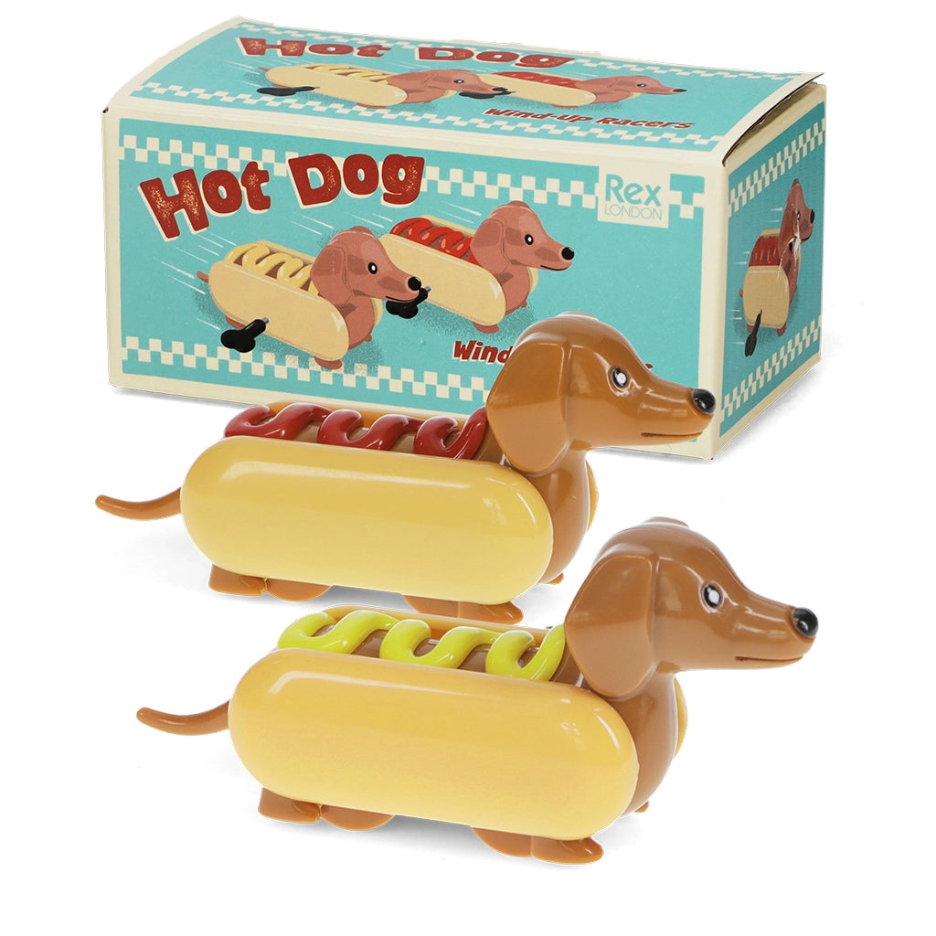 Hot Dog Wind-Up Racers set of two with ketchup and mustard designs in retro Rex London box.