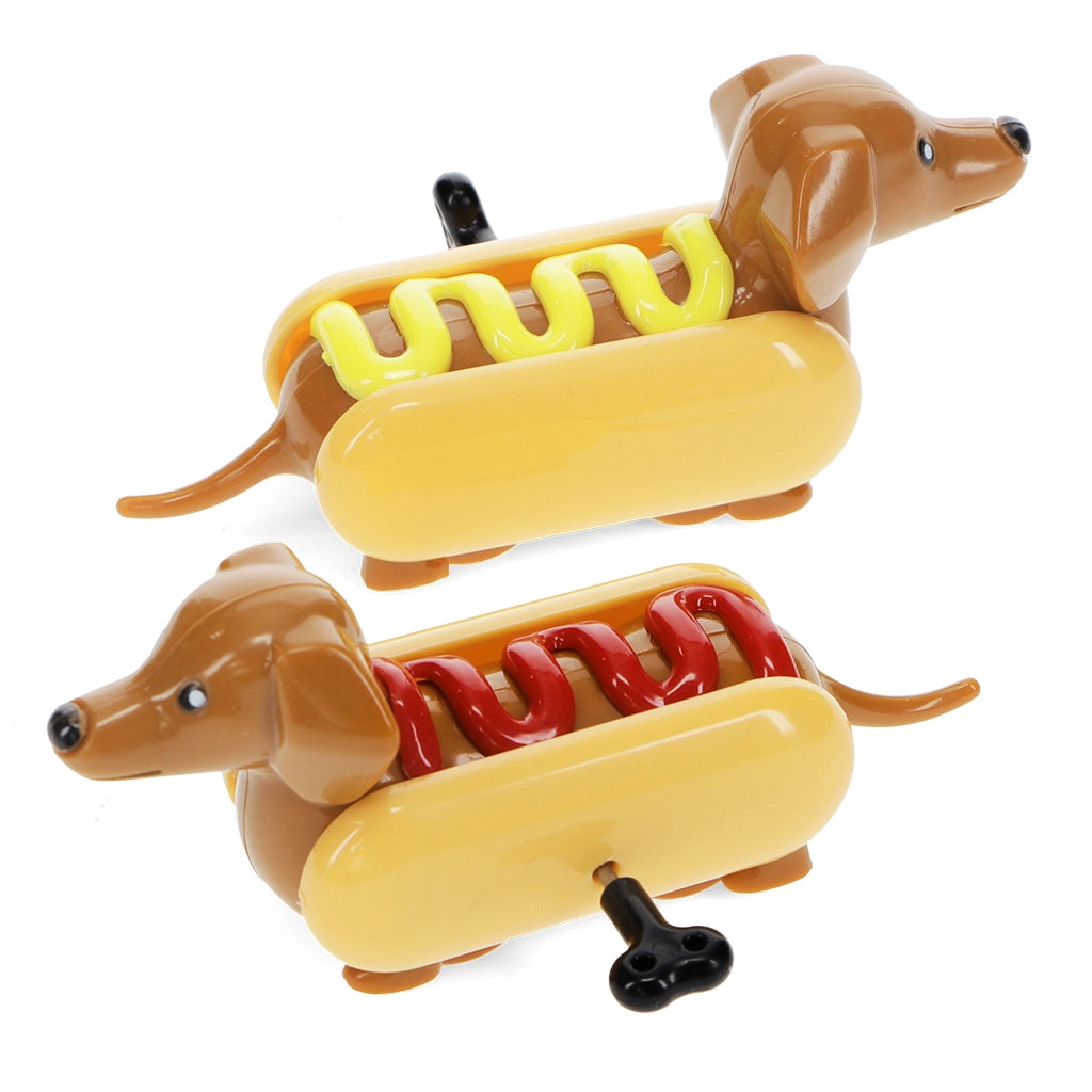 Pair of Hot Dog Wind-Up Racers showing dachshund toys with ketchup and mustard toppings.