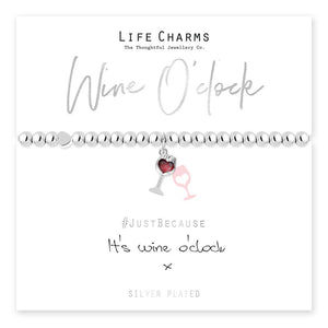 Wine O’Clock Silver Bracelet displayed on a Just Because card with wine glass charm and luxury packaging.