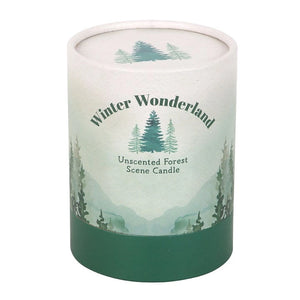 Winter Wonderland unscented forest scene candle gift box with woodland illustration and festive green base.