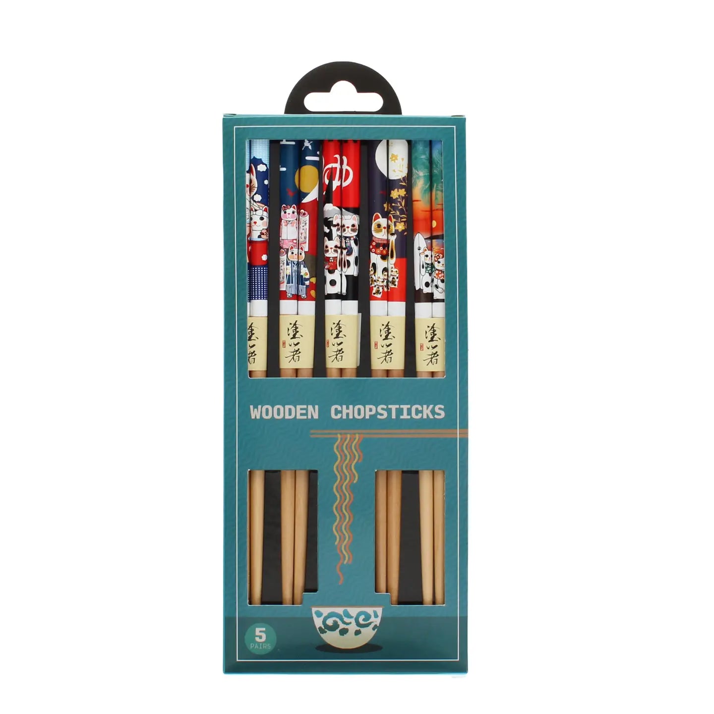 Set of 5 wooden chopsticks with beckoning cat designs in packaging.