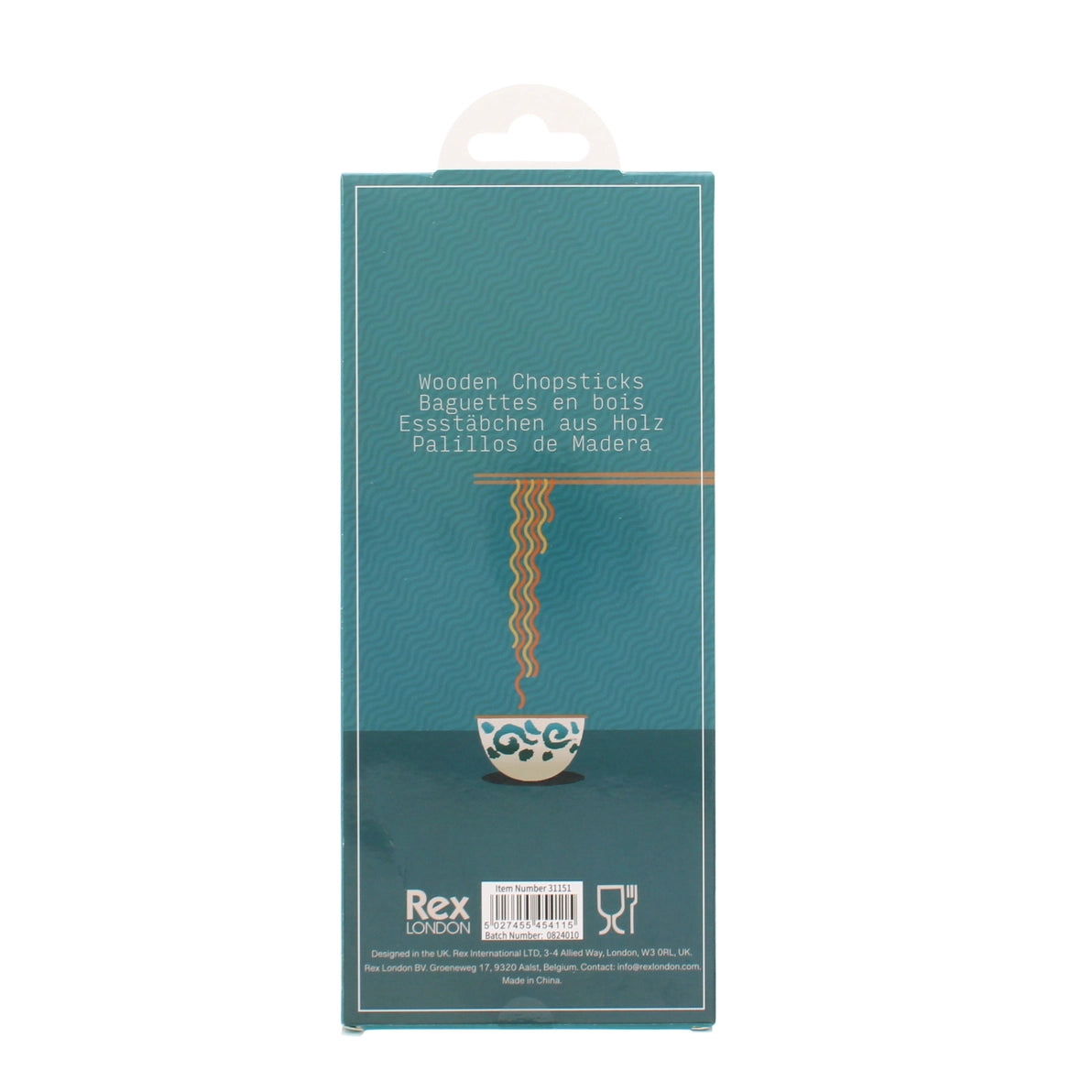 Back packaging of Beckoning Cats wooden chopsticks set with product details.