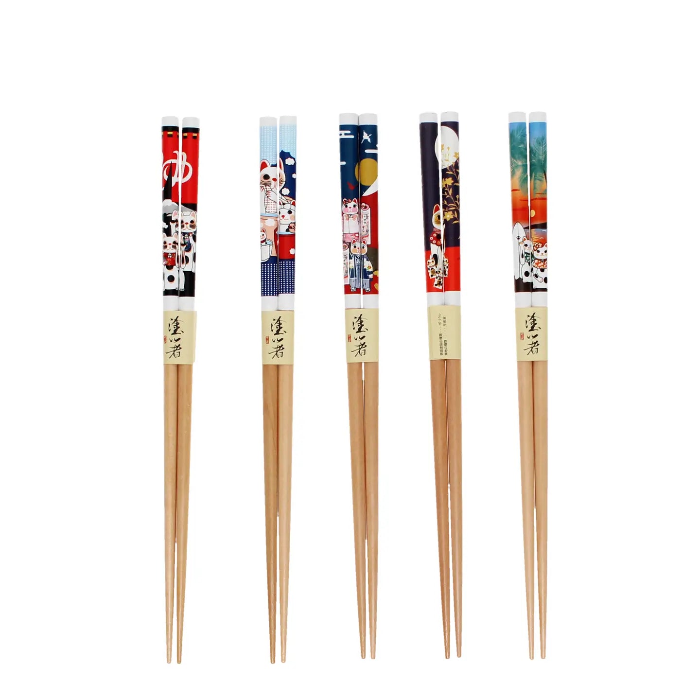Japanese-style wooden chopsticks with lucky cat illustrations (5 pairs).