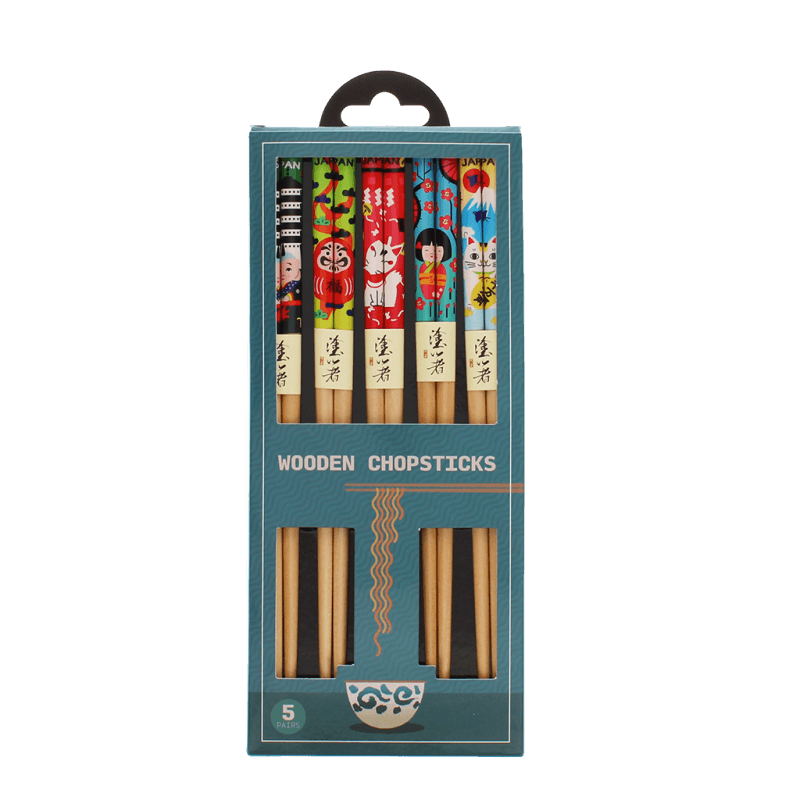 Japanese heritage wooden chopsticks front of teal retail packaging box
