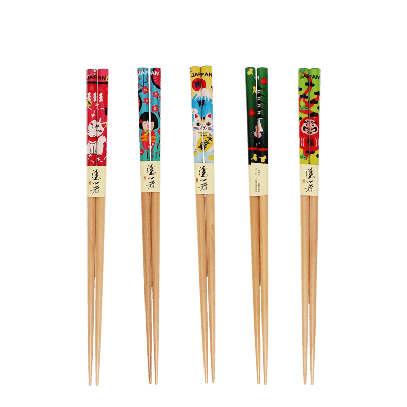 Five pairs of wooden chopsticks laid out showing illustrated tops