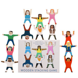 Wooden stacking game with 12 colourful character pieces arranged around the box.