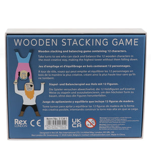 Back of Wooden Stacking Characters Game box with product details and illustrations.