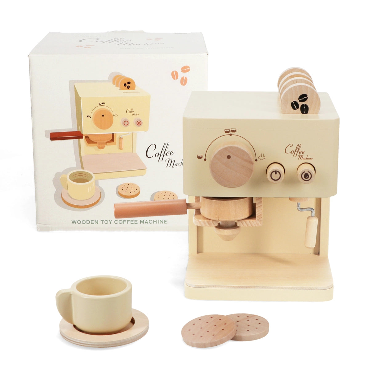 Wooden Toy Coffee Machine Playset with cup, saucer, biscotti and pods displayed beside the box.
