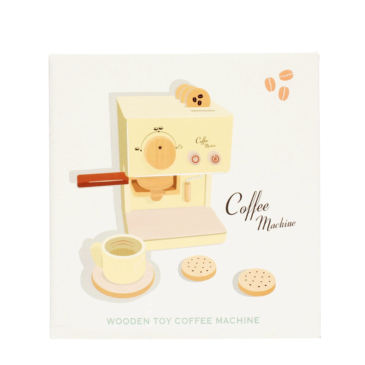 Front view of the Wooden Toy Coffee Machine Playset packaging showing the illustrated coffee machine.
