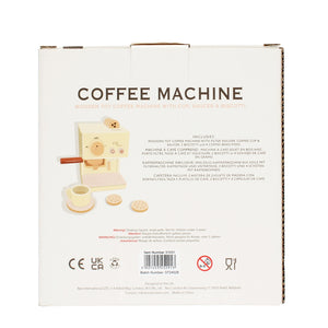 Back of Wooden Toy Coffee Machine Playset box showing contents list and safety details.
