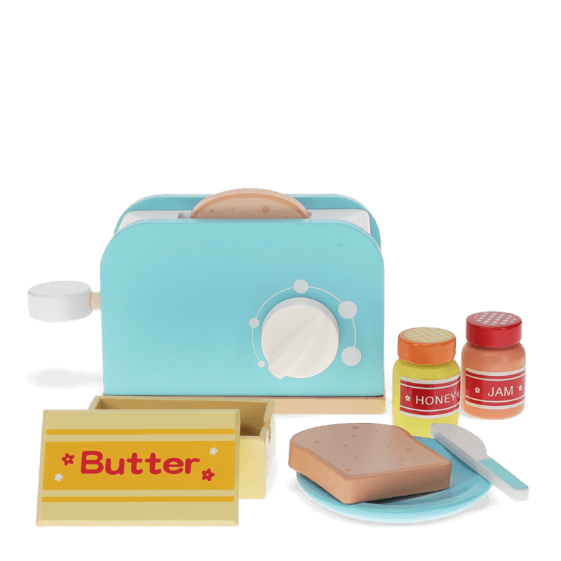 Wooden breakfast toaster set showing all pieces and accessories