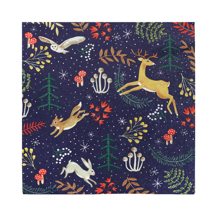 Woodland Flora & Fauna Dark Blue Paper Napkins - 20 Pack.
