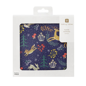 Eco-friendly dark blue napkins featuring woodland animals and festive foliage in a 20-pack recyclable box.