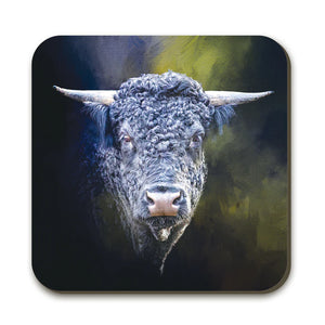 A close-up of the Fuzzy Blue Highland Cow coaster, showcasing the detailed artwork of a blue-toned Highland cow against a dark moody background.