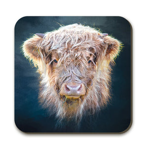 Full view of the Little Highlander Highland Cow Coaster with a detailed illustration of a young Highland cow, printed on a high-quality hardboard surface with rounded edges.