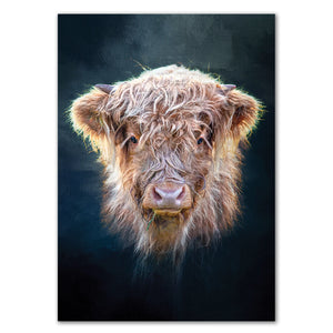 Little Highlander Highland Cow Art Print on premium matt paper, showcasing a detailed portrait of a Highland cow with soft lighting.