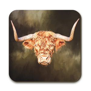 Rusty Rebel Highland Cow Coaster close-up, showcasing a bold and rustic Highland cow illustration with earthy tones on a durable hardboard surface.