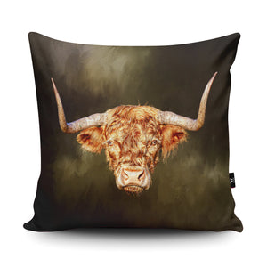 Close-up of the Rusty Rebel Highland Cow Cushion – A soft vegan suede cushion with a striking Highland cow design, highlighting the fine details of the digital artwork.