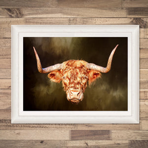 Rusty Rebel Highland Cow Print in a white frame against a wooden wall.