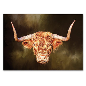 Close-up of the Rusty Rebel Highland Cow Print, featuring a detailed Highland cow with large horns and rich fur texture.