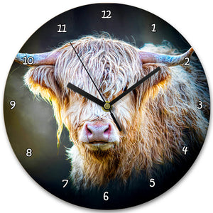 Close-up of the Shadow Gaze wooden wall clock with a striking Highland cow design, bold white numerals, and sleek black metal hands.