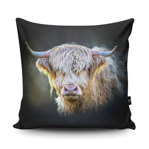 Close-up of the Shadow Gaze Highland Cow Cushion, highlighting the soft suede texture and high-quality print.