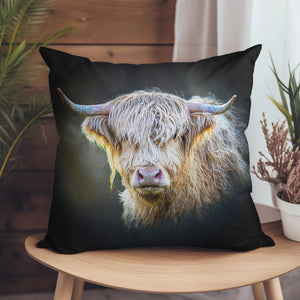 Shadow Gaze Highland Cow Cushion in a cosy setting, styled with a white throw and houseplants.